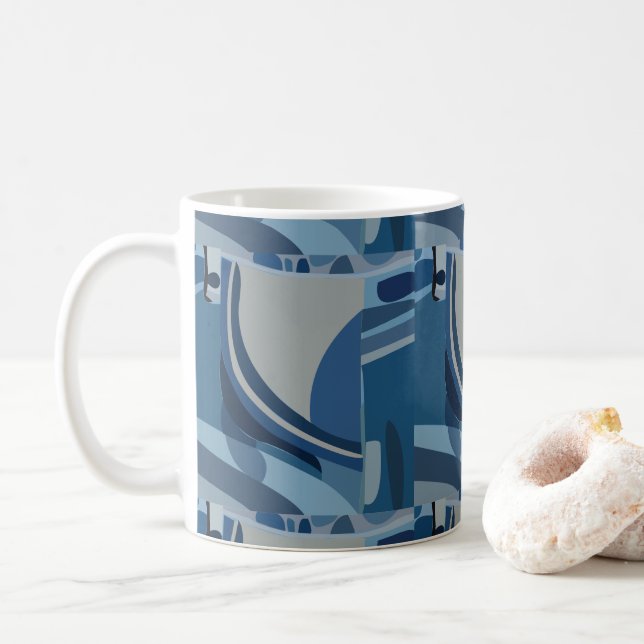 Blue Grått Geometric Abstrakt Mönster Kaffemugg (Med munk)