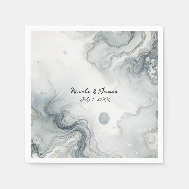 Blue Grått & Guld Beachy Watercolor Beach Wedding Pappersservett (Framsidan)