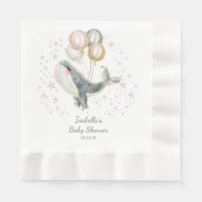 Blue Grått Guld Watercolor Cute Whale Baby Shower Pappersservett (Framsidan)
