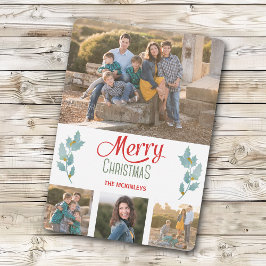 Blue Grått Holly Sprig Photo Template jul Julkort