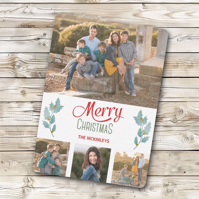 Blue Grått Holly Sprig Photo Template jul Julkort (Skapare uppladdad)