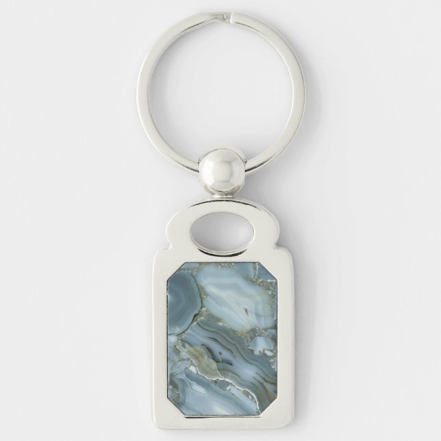 Blue Grått Marble med Guld Vein Rektangulärt Silverfärgad Nyckelring (Framsidan)