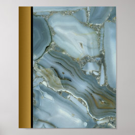 Blue Grått Marble Stone/Black Guld Gräns Art Poster