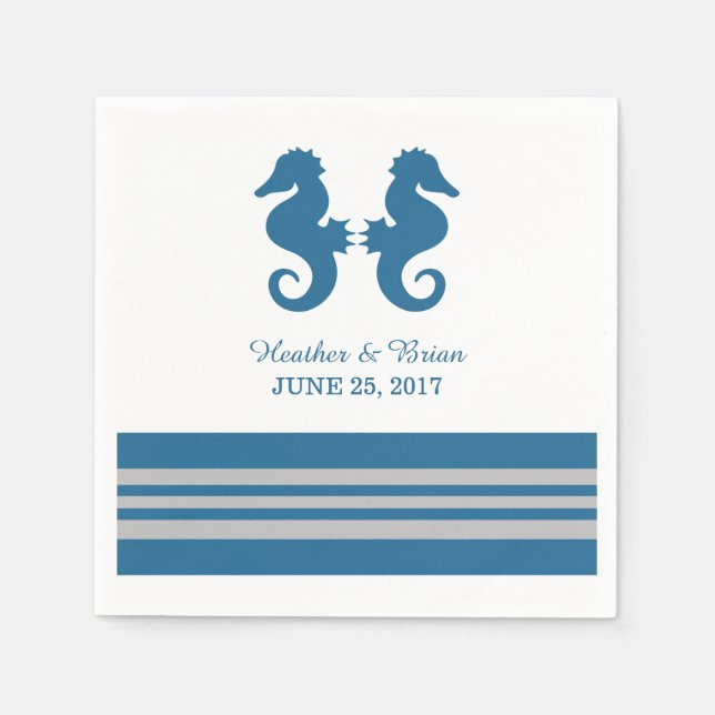 Blue Grått Nautical Seahorse Papper Napkins Pappersservett (Framsidan)