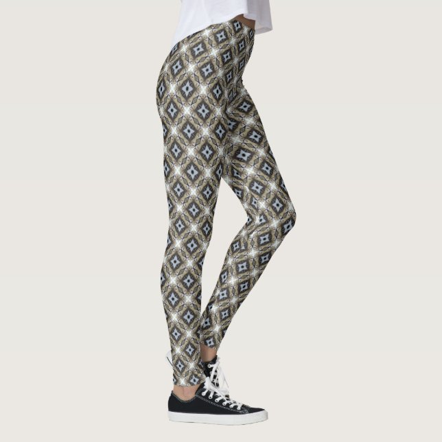 Blue Grått och Tan Star Kaleidoscope Mönster Leggings (Höger)