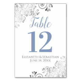 Blue Grått på vit Elegant Frilly Bröllop Bordsnummer