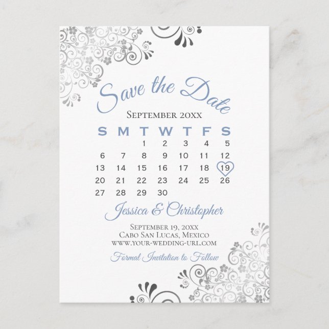 Blue Grått på White Bröllop spara datum Calendar Meddelande Vykort (Framsida)