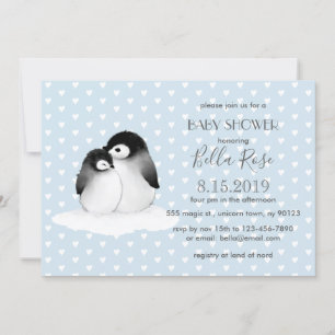 Blue Grått Penguins Hearts Baby Shower-inbjudan Inbjudningar