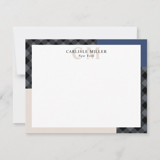 Blue Grått Play Colorblock Monogram Namn & City Anteckningskort (Framsida)