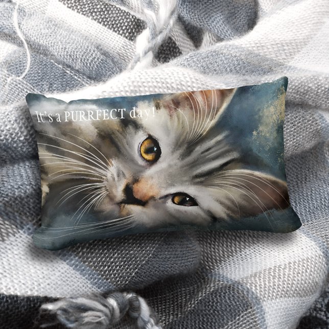 Blue Grått Purrfect Tabby katt Pillow Lumbarkudde (A lovely pillow featuring an original painting of a tabby cat and your custom text)