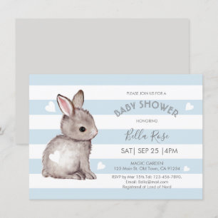 Blue Grått Rand Bunny Heart Baby Shower Inbjudan