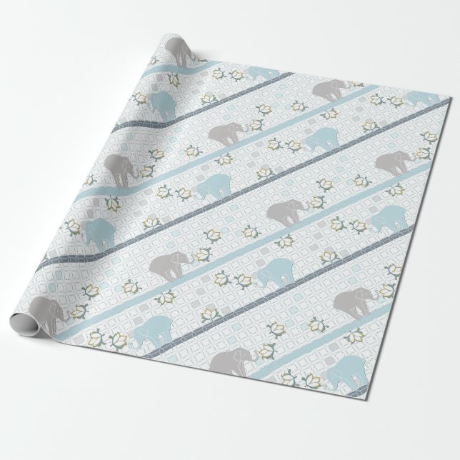 Blue & Grått Rand Elephant Safari | Babyskor Presentpapper (Utrullad)
