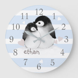 Blue Grått Rand Penguin Nursery Wall Clock Stor Klocka