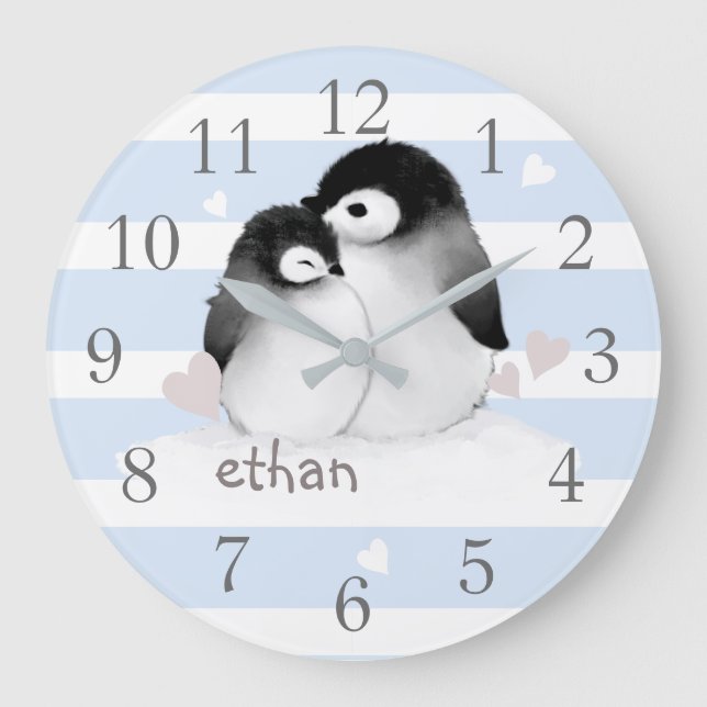 Blue Grått Rand Penguin Nursery Wall Clock Stor Klocka (Framsida)
