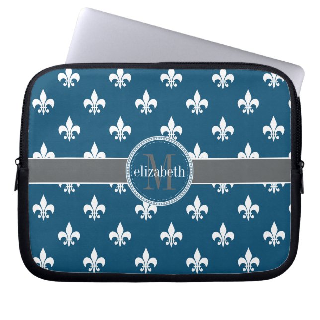 Blue Grått White Fleur de Lis Monogram Laptop Sleeve (Framsidan)