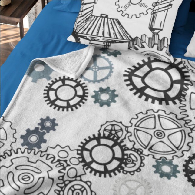 Blue Grått White Gear Mönster för Boys Room Decor  Fleecefilt (This listing is for the blanket only.  )