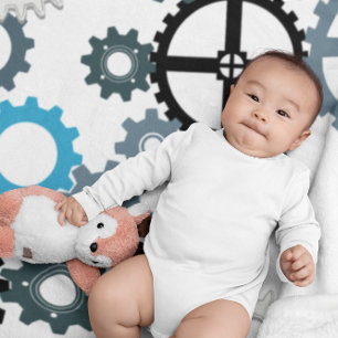 Blue Grått White Gear Mönster för Boys Room Decor Fleecefilt