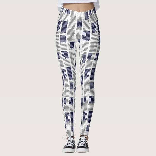 Blue Grått White Geometric Women Leggings (Framsida)