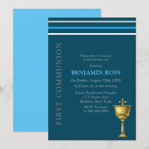 Blue Grått White Guld Chalice First Communion Inbjudningar