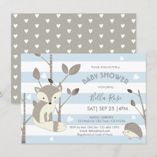 Blue Grått Woodland Fox Hedgehog Baby Shower Card Inbjudningar