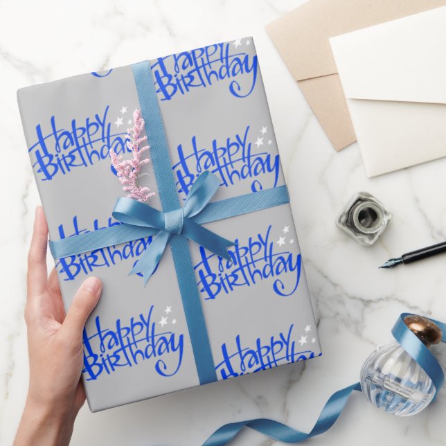 Blue Grattis på födelsedagen på Grått Presentpapper (Gifting)