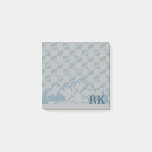 Blue Gray Check Pattern Rustic Mountains Monogram Post-it Block (Framsida)