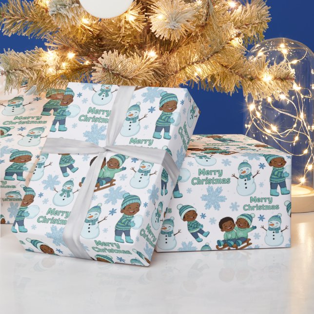 Blue & Green African American Boys Merry Christmas Presentpapper (Helgdagar)