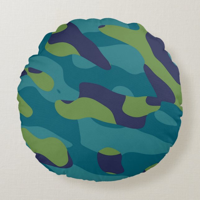 Blue Green and Teal Camo Abstract Rund Kudde (Framsidan)