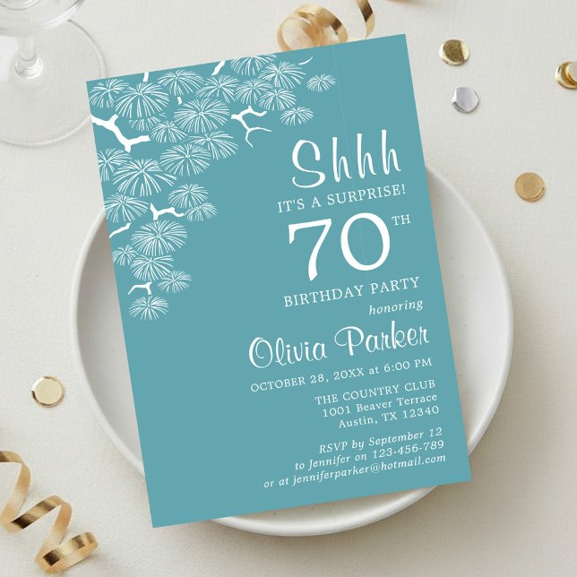 Blue Green Aqua Pine Branch Surprise 70th Birthday Inbjudningar (Skapare uppladdad)