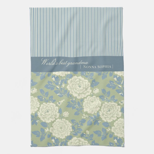 Blue Green Floral Block Print w Blue Stripes Kökshandduk (Vertikal)