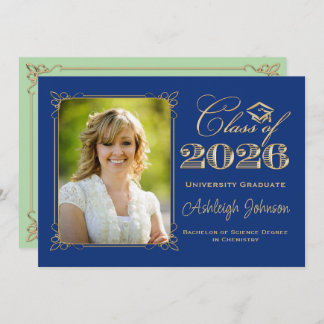Blue, Green, Gold Class of 2026 Photo Graduation Inbjudningar