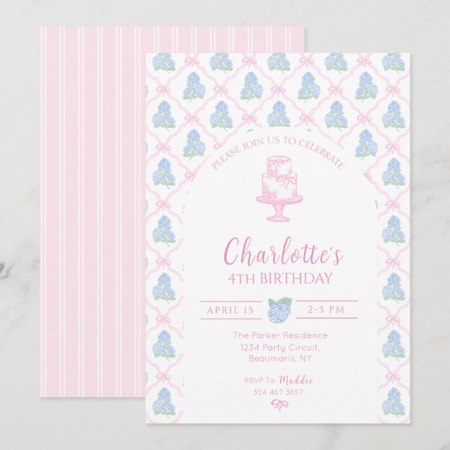 Blue Green Hydrangea Pink Bow Trellis Inbjudningar (Fram/baksida)