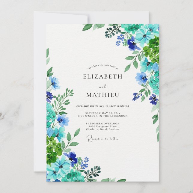 Blue Green Lively Botanical Wedding Inbjudningar (Framsida)