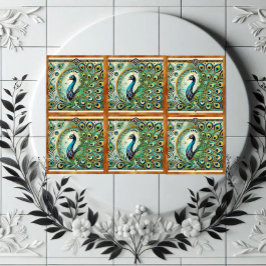 Blue Green Majestic Peacock Golden Feathers Motif  Kakelplatta