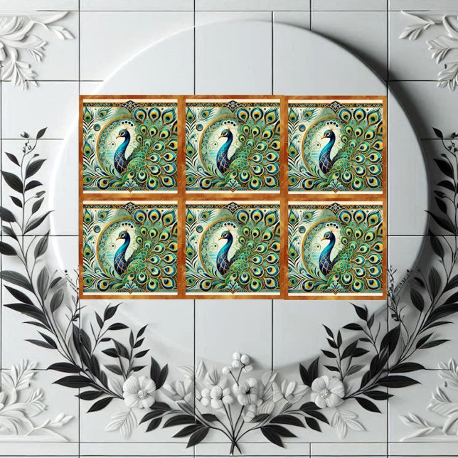 Blue Green Majestic Peacock Golden Feathers Motif  Kakelplatta (Blue Green Majestic Peacock Golden Feathers Motif Ceramic Tile)