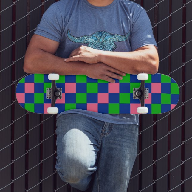 Blue Green Pink Checkered Pattern Design  Mini Skateboard Bräda 18,5 Cm (Utomhus 3)