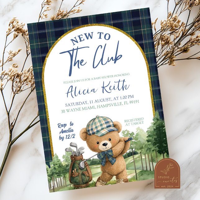 Blue Green Preppy Golf Bear Baby Shower Invitation Inbjudningar (Skapare uppladdad)