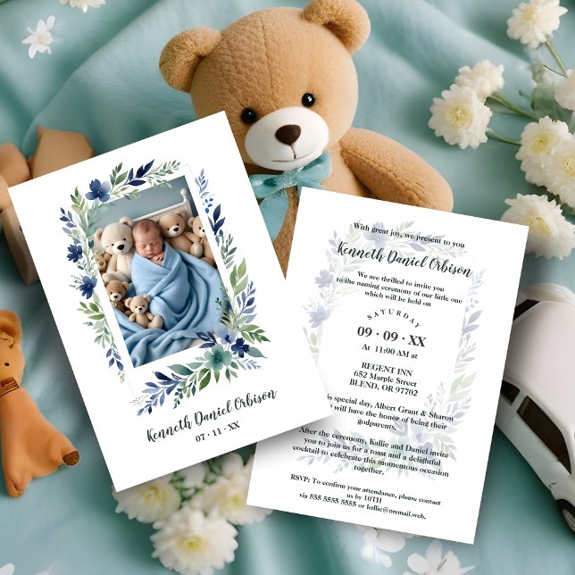Blue & Green Shades Floral Frame Naming Ceremony Inbjudningar (Blue & Green Shades Floral Frame Effect with Photo Baby Naming Ceremony Invitation Card.)
