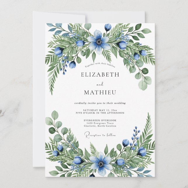 Blue Green Verdant Botanical Wedding Inbjudningar (Framsida)