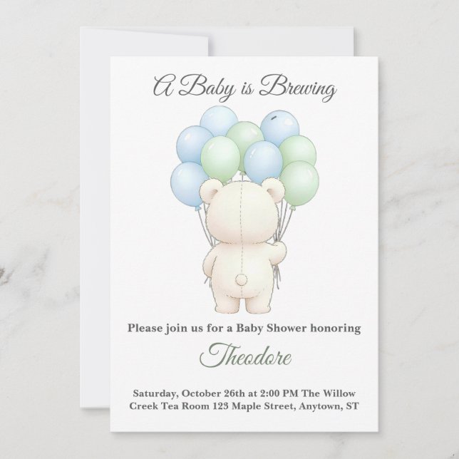 Blue & Green Watercolor Teddy Bear Baby Shower  (Framsida)
