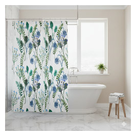 Blue Green Watercolor Wildflower Shower Curtain