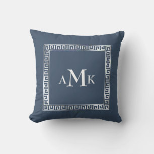 Blue Grekiska Nyckel Monogrammad Dekorativ kudde