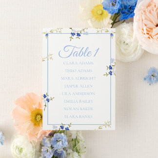 Blue & Grey Floral Wedding Seating Chart Card Bordsnummer