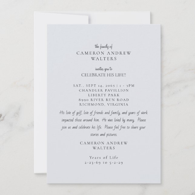 Blue Grey Photo Celebration of Life Inbjudningar (Framsida)