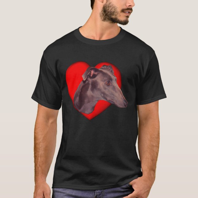 Blue Greyhound Ansikte Red Heart Hund T Shirt (Framsida)