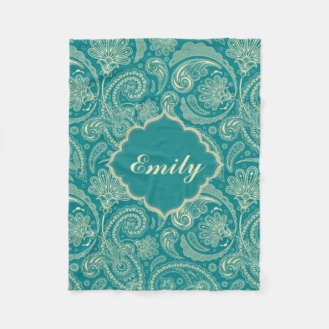 Blue-Grönt & Beige Creme Vintage Paisley Monogram Fleecefilt (Framsidan)