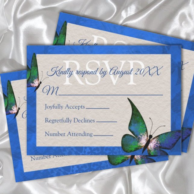 Blue, Grönt Butterfly Quinceañera OSA kort (elegant royal blue white quinceanera rsvp card with blue edge and butterfly card template customize)