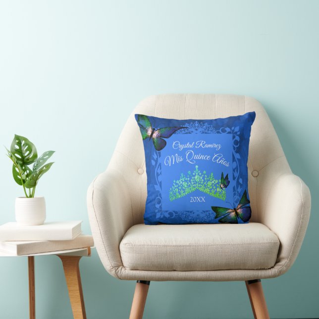 Blue, Grönt Butterfly Tiara Quinceanera Pillow Kudde (Stol)