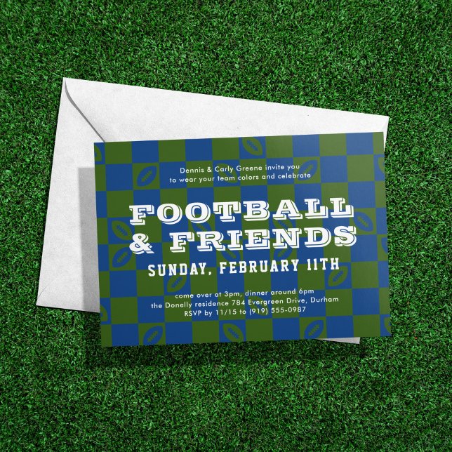 Blue Grönt Checkerboard Football Game Watch Party Inbjudningar (Skapare uppladdad)