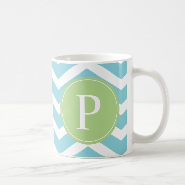 Blue Grönt Chevron Monogram Kaffemugg (Höger)
